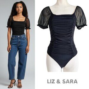 Liz & Sara Gothy Puffed Sleeve Semi Transparent Ruched Mesh Lined Bodysuit S